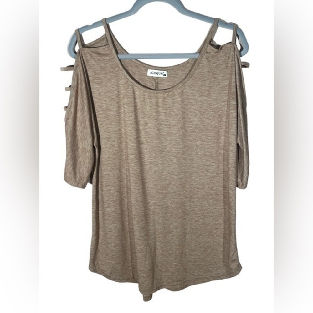 IGenjun women’s cutout shoulder tan beige short sleeve top L